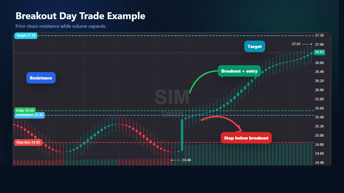 Example of a breakout day trading setup with entry stop loss and profit target
