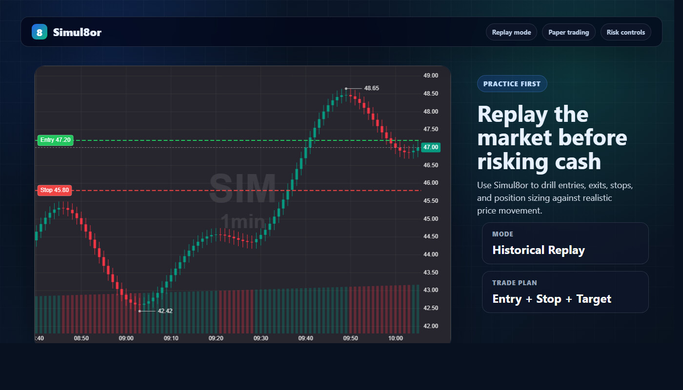 Simul8or practice trading dashboard with replay chart entry stop and target levels